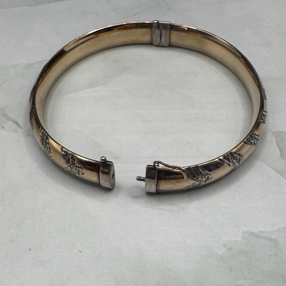 Gold Two-Tone Floral Engraved Hinged Bracelet - Picture 3 of 4